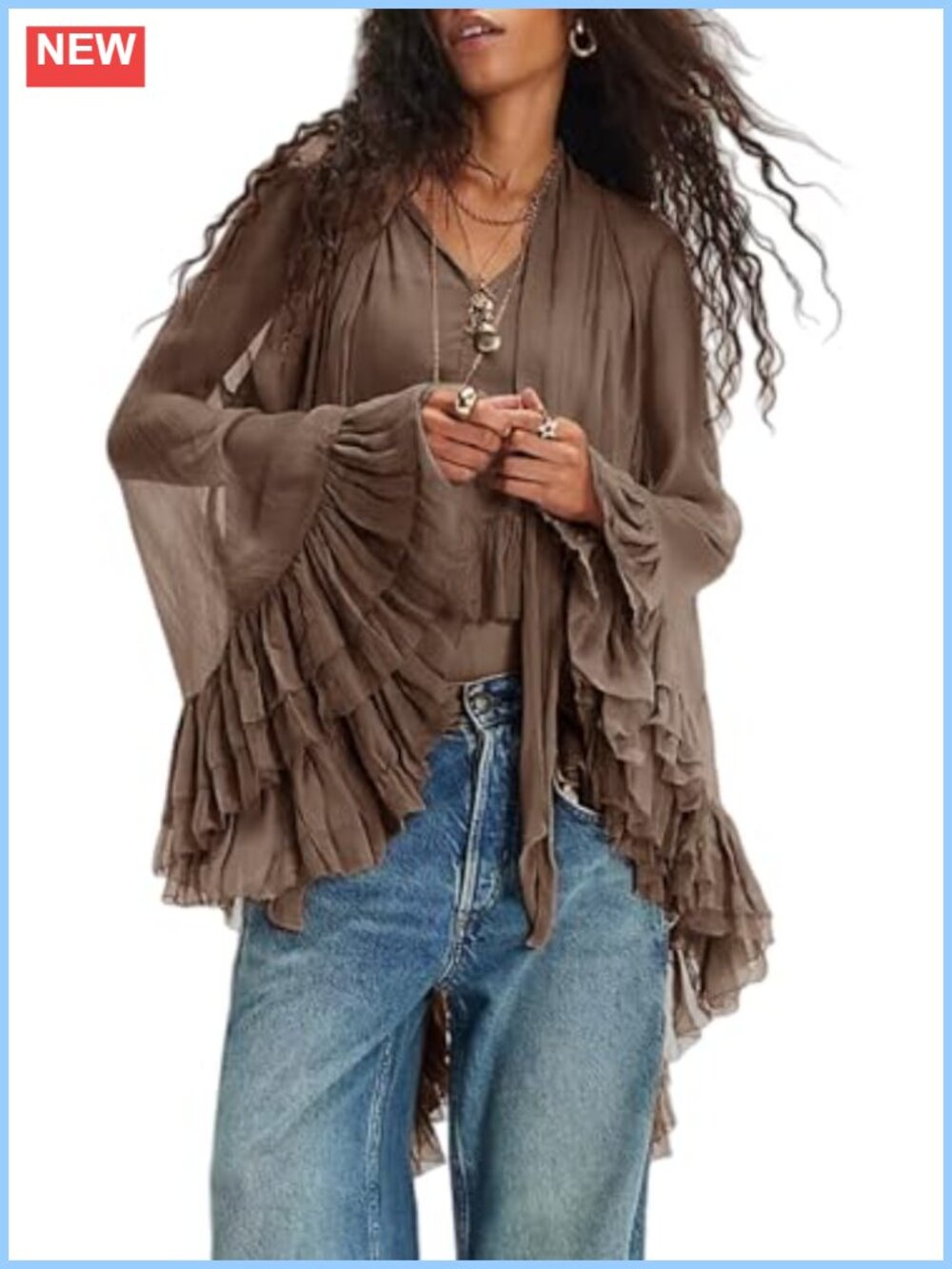 Women's Sheer Chiffon Long Sleeve Ruffle Blouse Flowy Lantern Sleeve Tie Neck